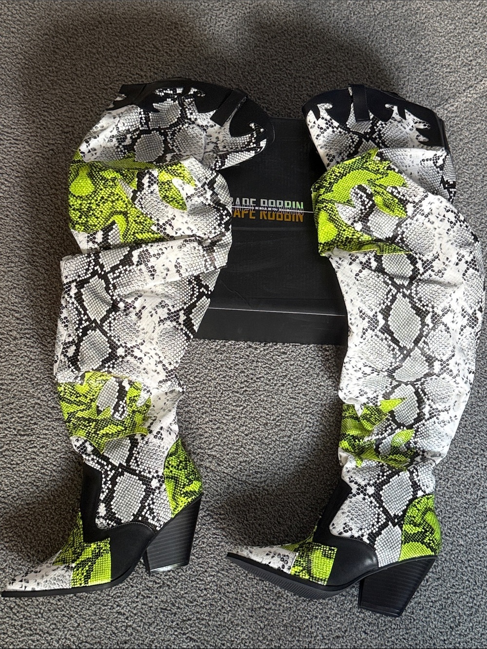Slouch thigh high cowboy boots, white lime snake. 3.5” stacked Heel. Size 7.5